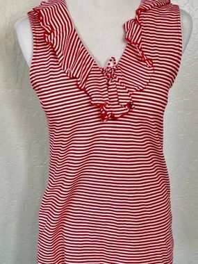 Chaps Red & White Striped Ruffle V-Neck Tank